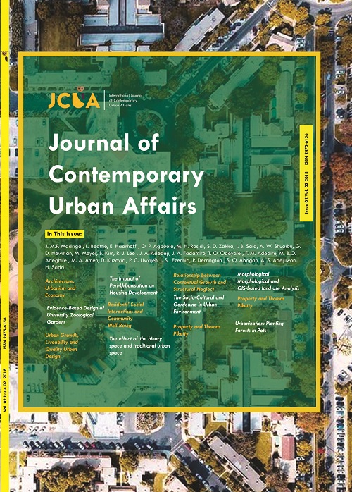 journal of contemporary urban affairs , Conflict and divided territories, Emerging cities, urban ecology, morphology, Infra Habitation ,Slums ,Affordable houses, Gated communities, Revitalization, regeneration and urban renewal, Housing studies livability, responsive environment, quality of life , Contemporary urban issues , politics, strategies, sociology, Crime, Immigration , international labor migration , New urbanism, Rapid urbanization, Urban sprawl.